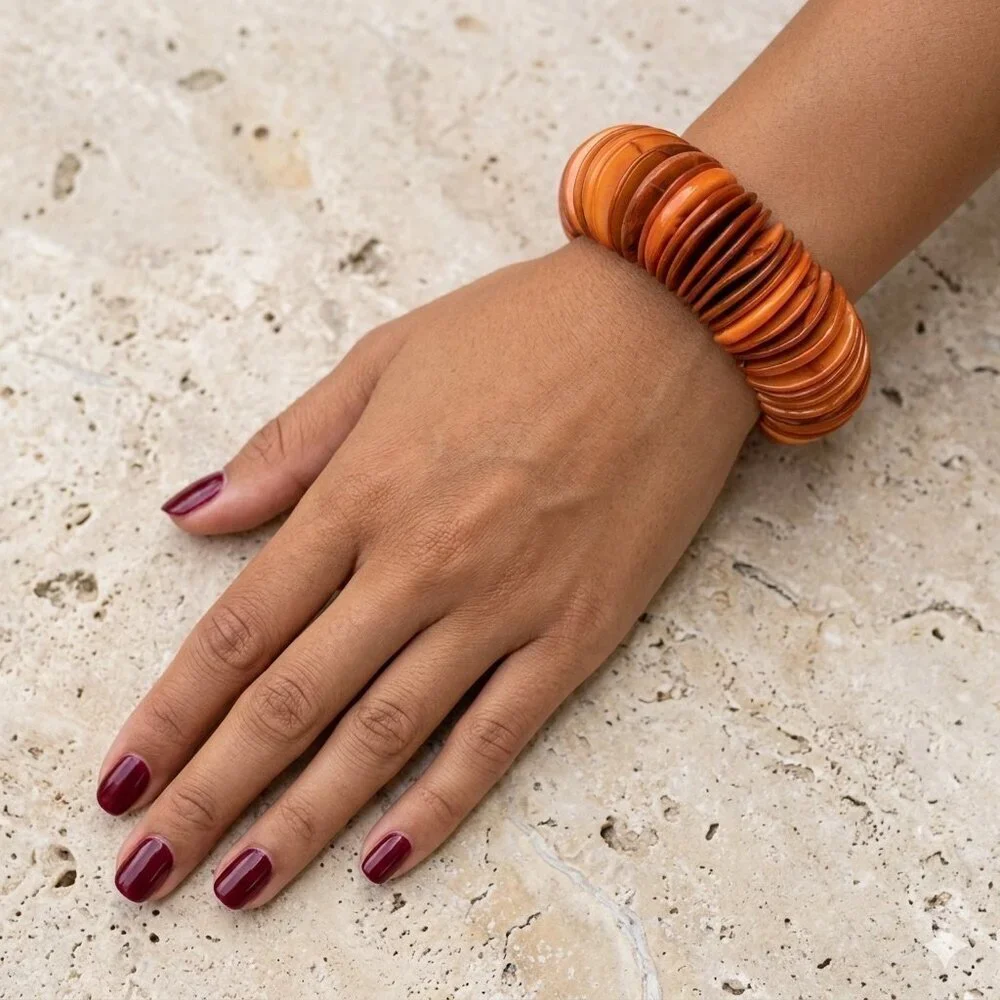 Vintage Hand Crafted Seashells Chunky Stretch Bracelet Coral Tropical Boho 80s
